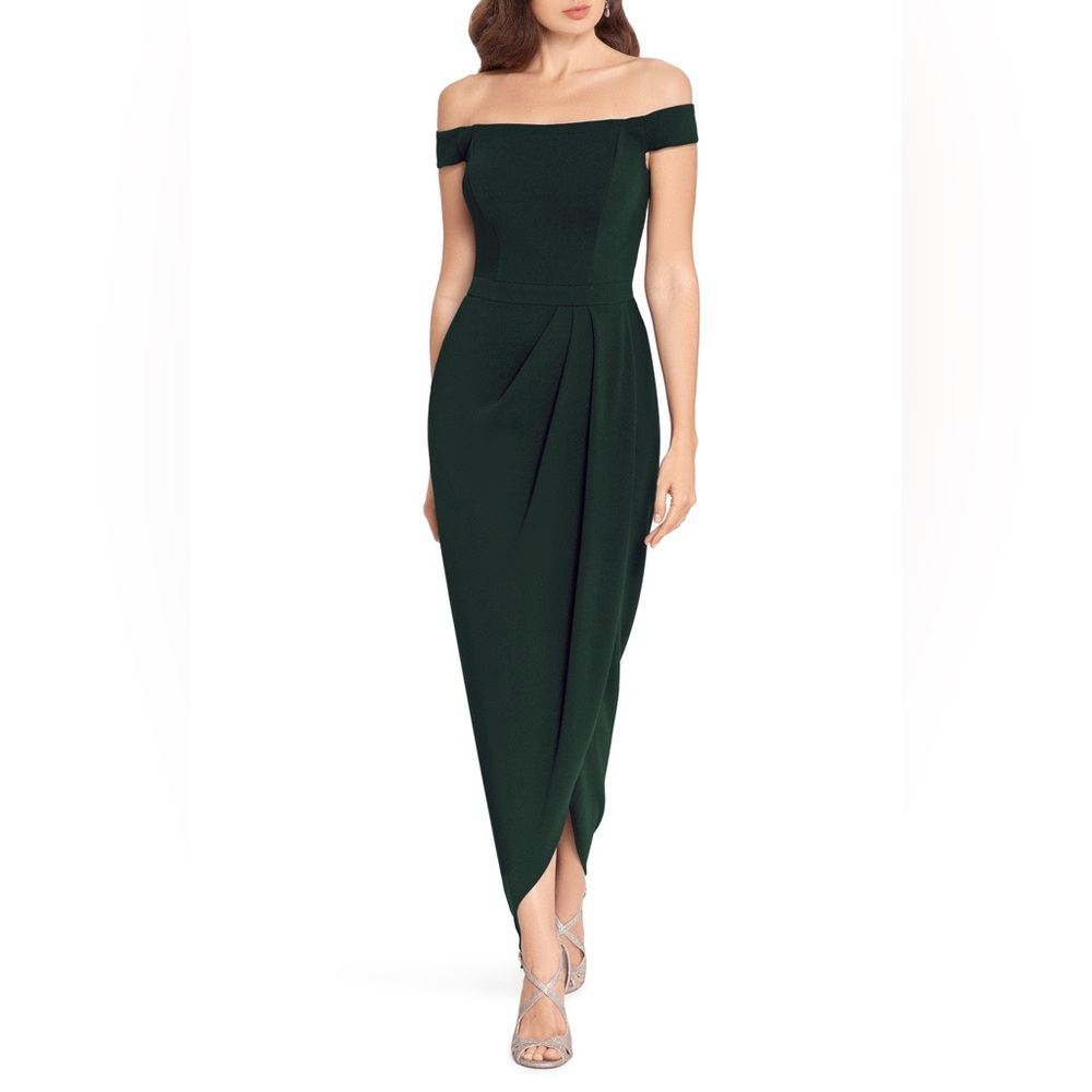 Xscape Off the Shoulder Wrap Front Scuba Crepe Gown- Pine- 0